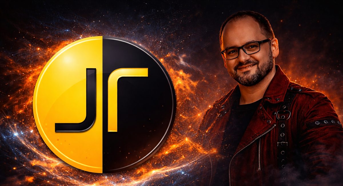 John Rivav junto a su emblema visual de marca